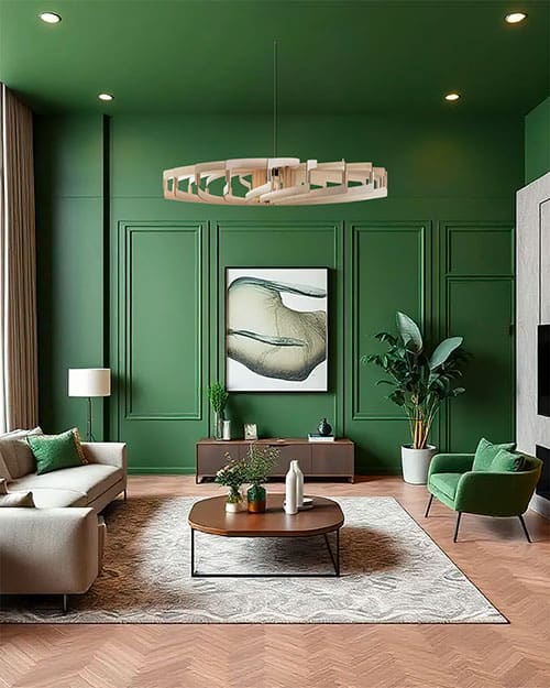 Suspension en bois design éclairant un salon moderne et épuré