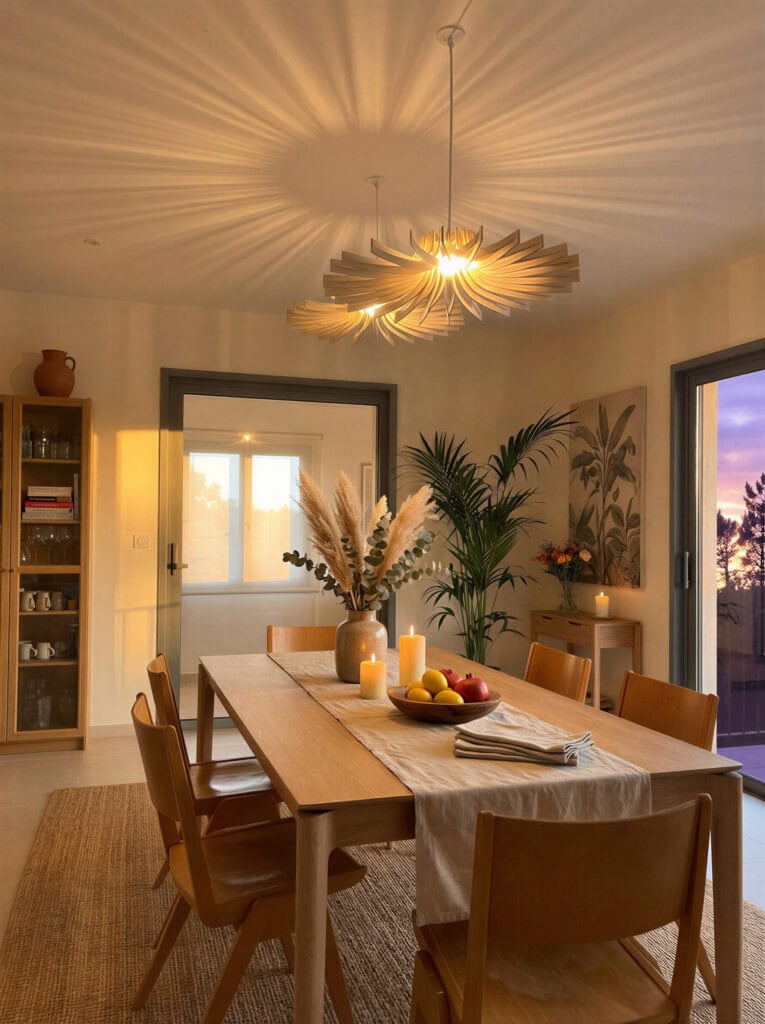 Deux suspensions design dans un salon à la lumière du soir