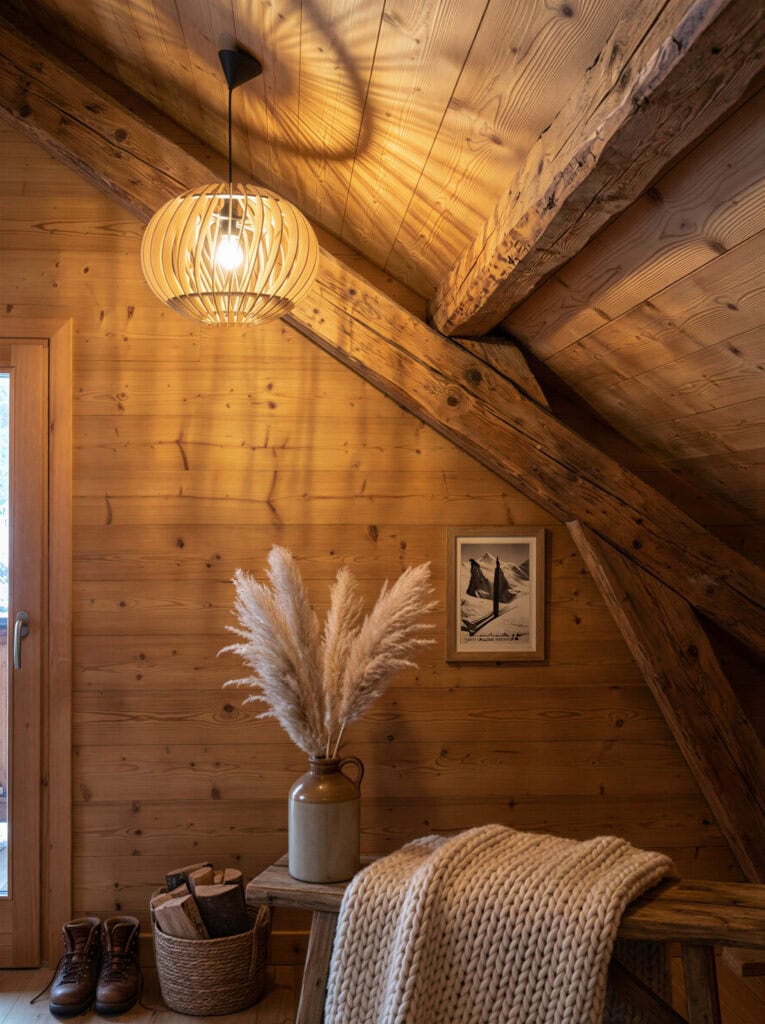 Suspension en bois Alban projetant ses ombres sur un plafond en lambris dans un intérieur cosy