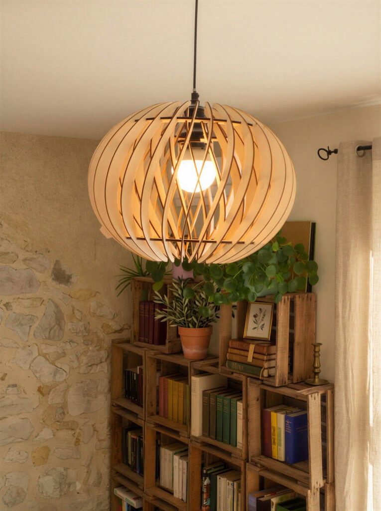 Suspension en bois Alban au-dessus d'une bibliothèque dans un coin lecture aux murs en pierre