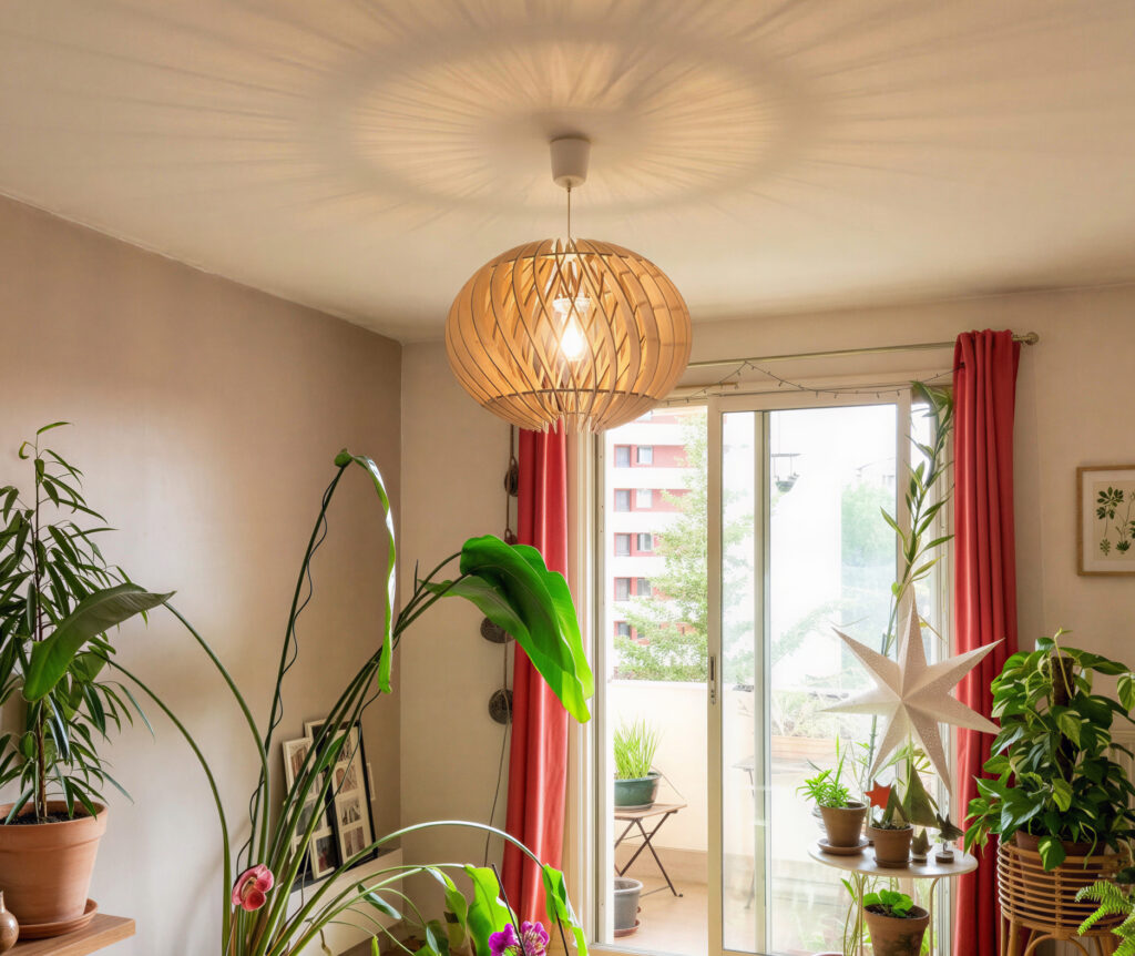 Suspension bois Alban Le virevoltant dans un salon lumineux entouré de plantes vertes