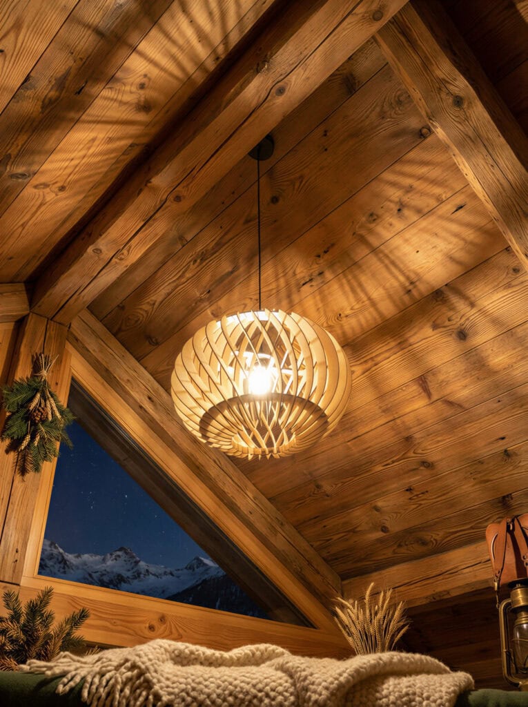 Suspension en bois Alban éclairant un intérieur chalet avec poutres apparentes et vue sur les montagnes