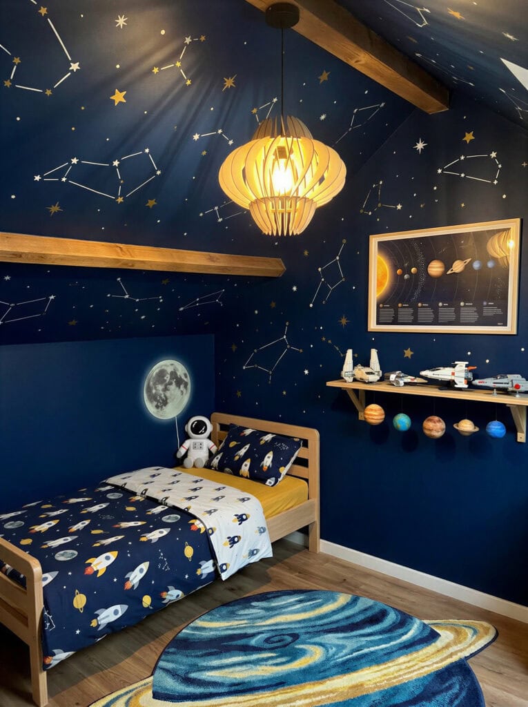 Suspension en bois Odette au-dessus d'un lit d'enfant dans une chambre à la déco astronaute et planètes