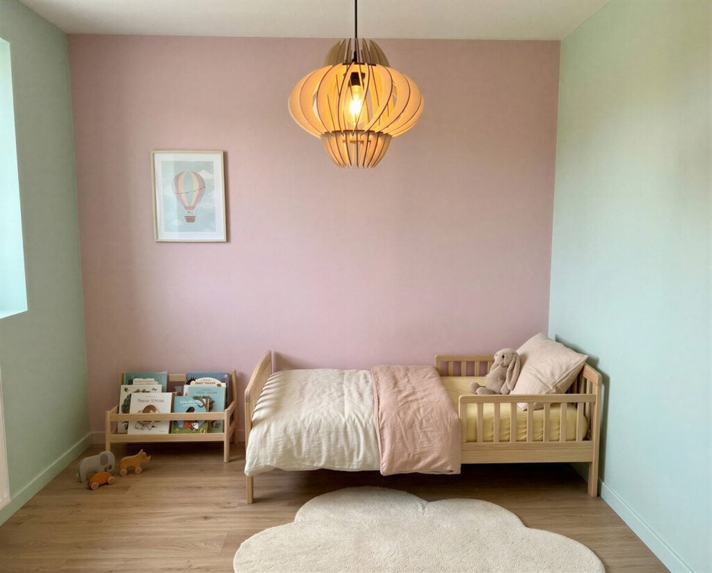 Suspension en bois Odette éclairant une chambre d'enfant aux murs roses doux