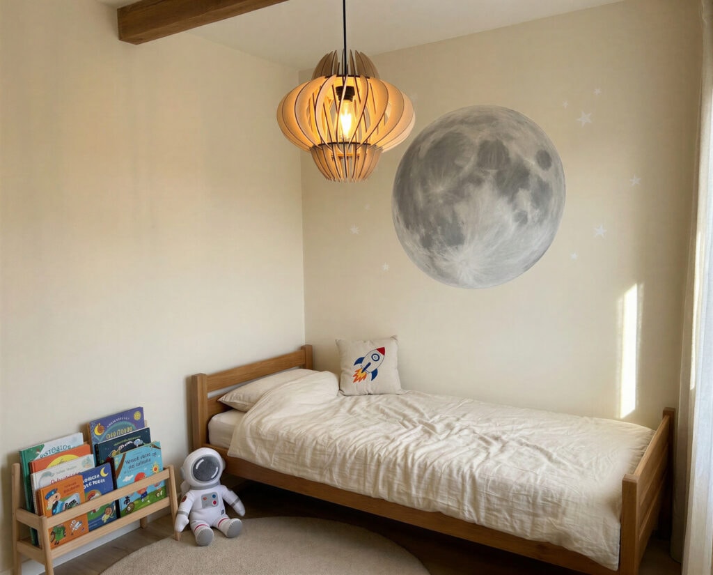 Suspension bois Odette sous une poutre dans une chambre d'enfant à la déco planète et lune