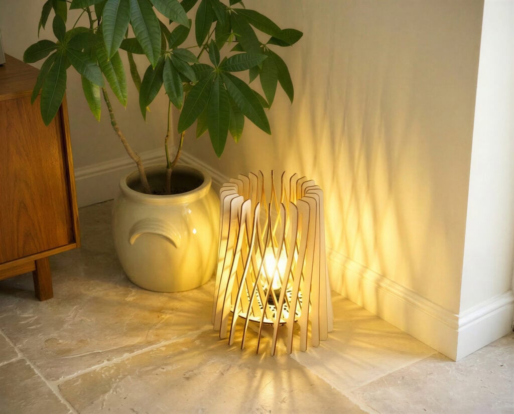 Luminaire en bois posé au sol dans un salon, jolies ombres et déco sur les murs