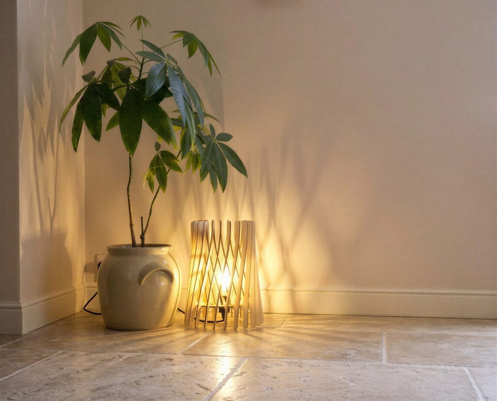 Luminaire en bois posé dans un salon, à côté d'une belle plante