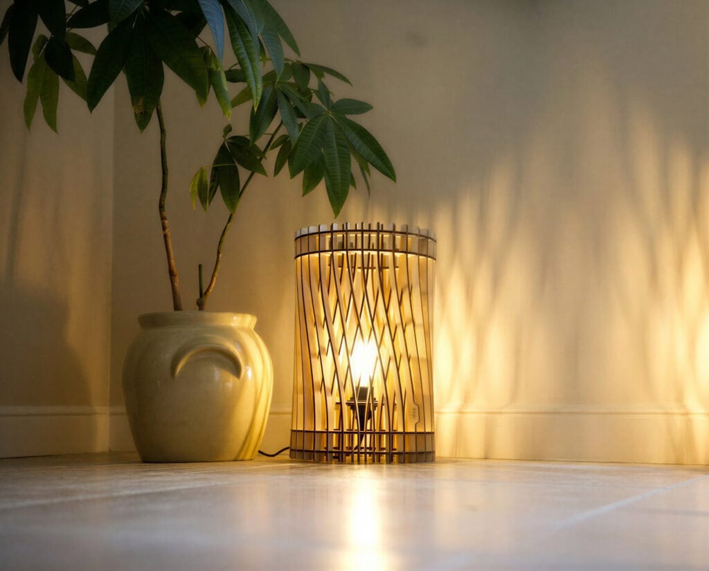 Lampe à poser à côté d'une plante dans un salon