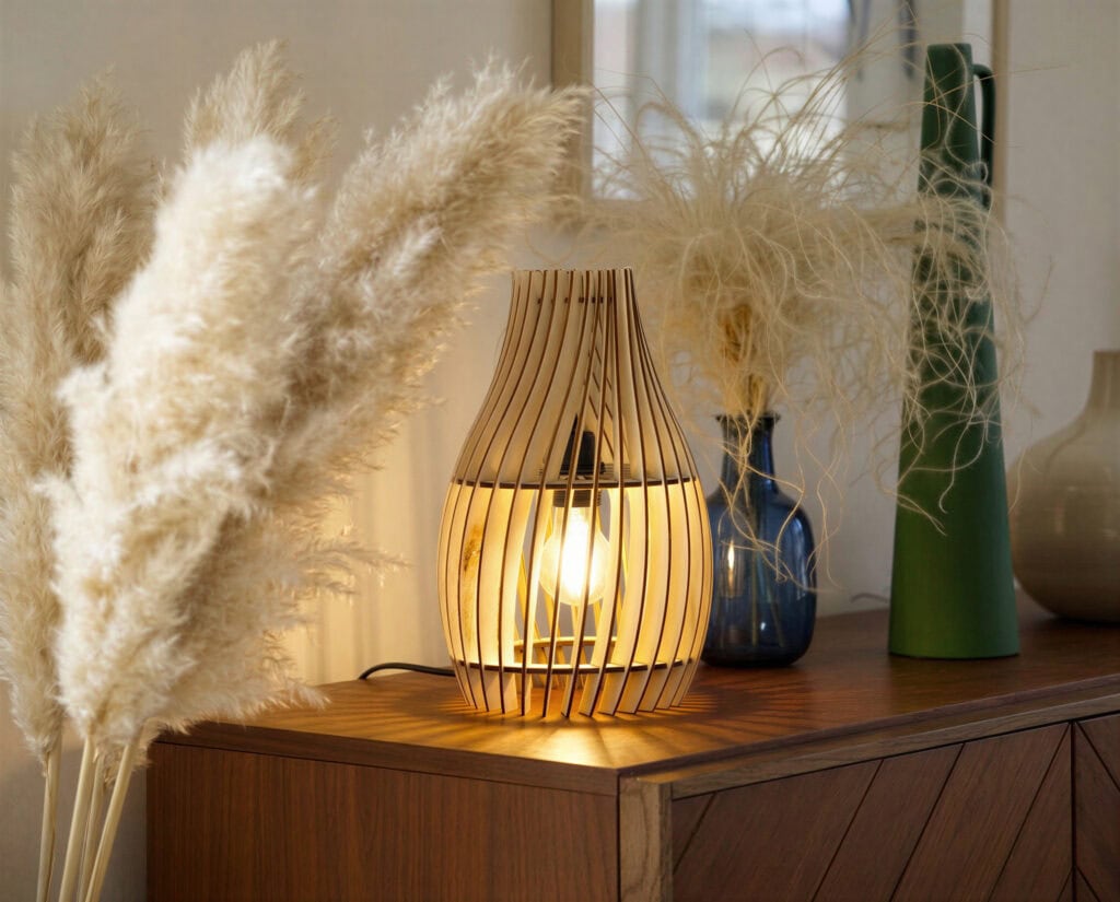 Une lampe en bois design sur un joli buffet