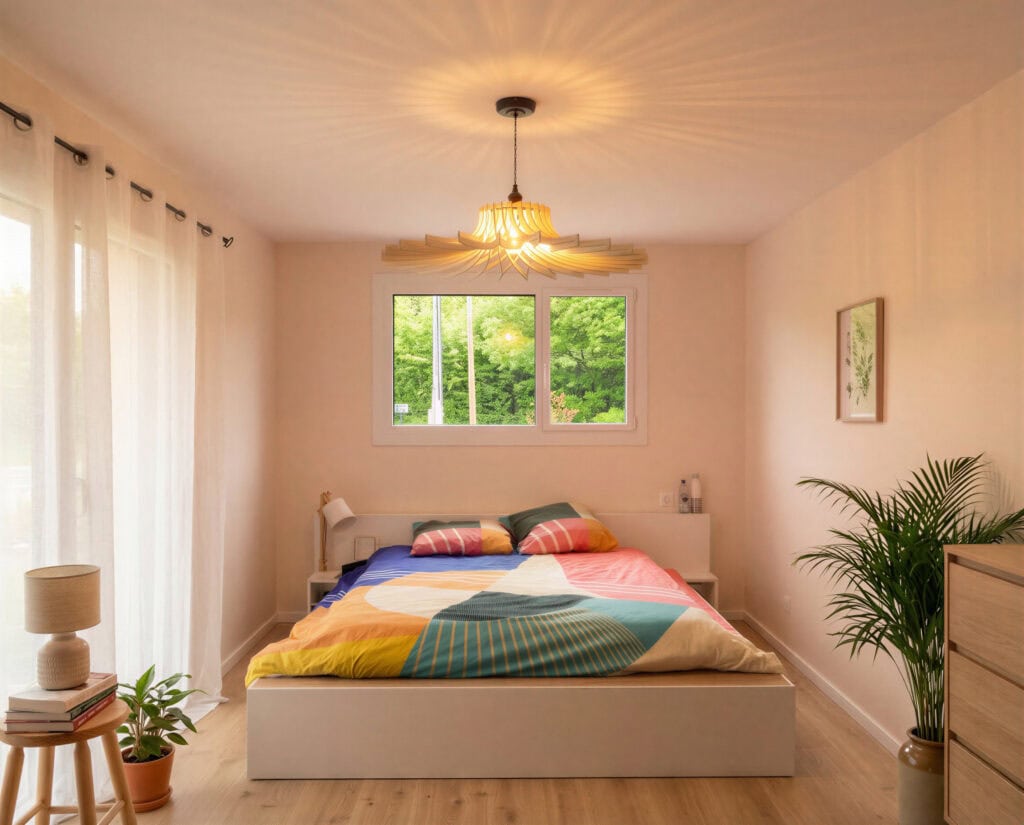 Suspension modèle Éclat Atelier Sapi en bois découpé, grandes lamelles plates rayonnantes formant un disque ouvert, accrochée au-dessus d'un lit blanc avec housse colorée, chambre claire ouverte sur la nature par une grande fenêtre
