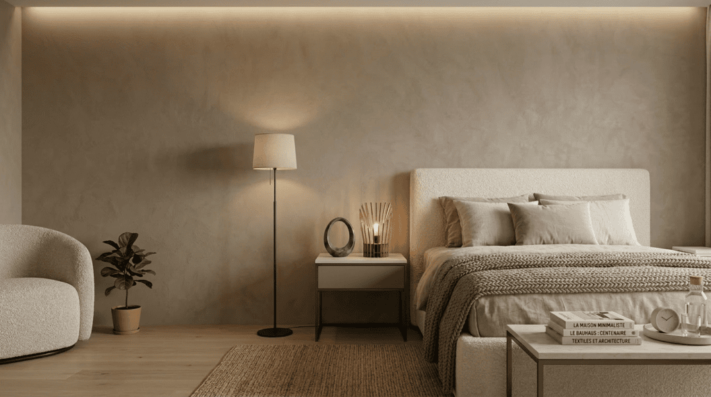 Lampe sur pied bois La merveilleuse posée sur une table de chevet dans une chambre douce et minimaliste